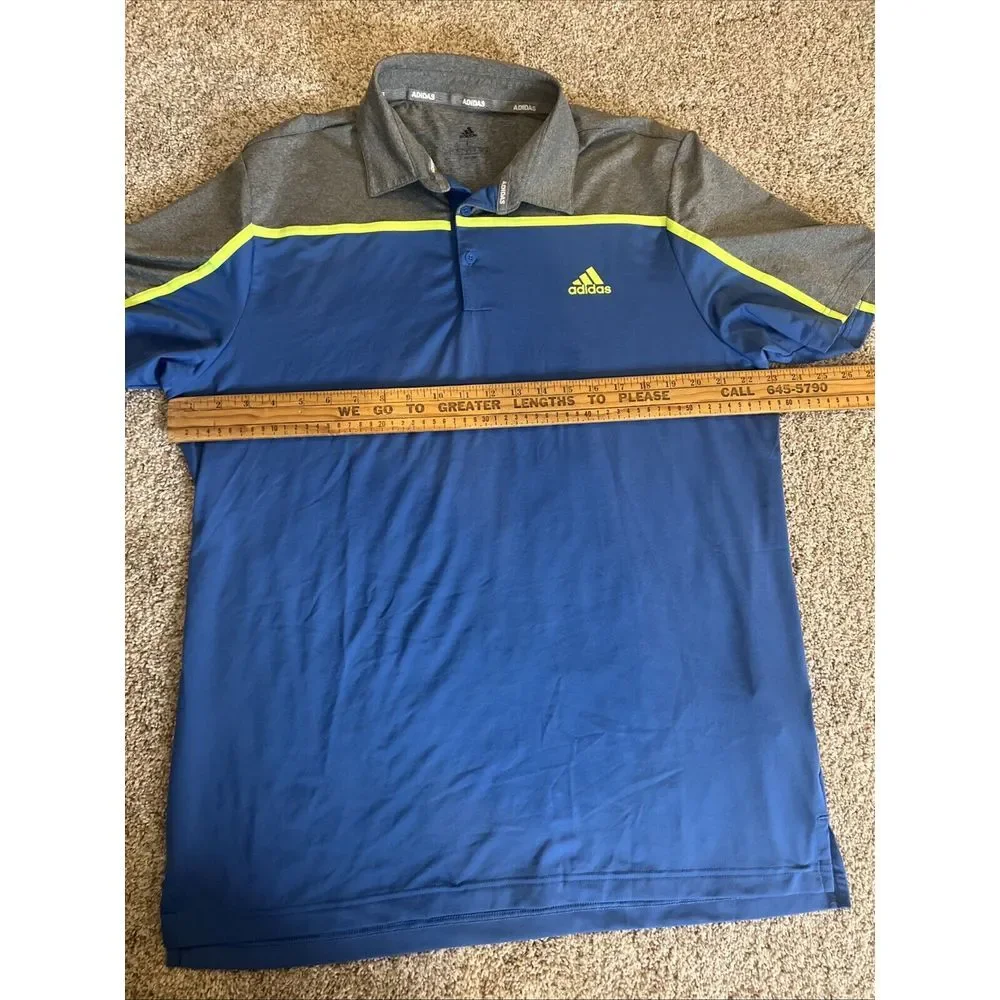 Adidas Golf Polo‎ Shirt Men's Casual Blue Gray Yellow Button Short Sleeve L
